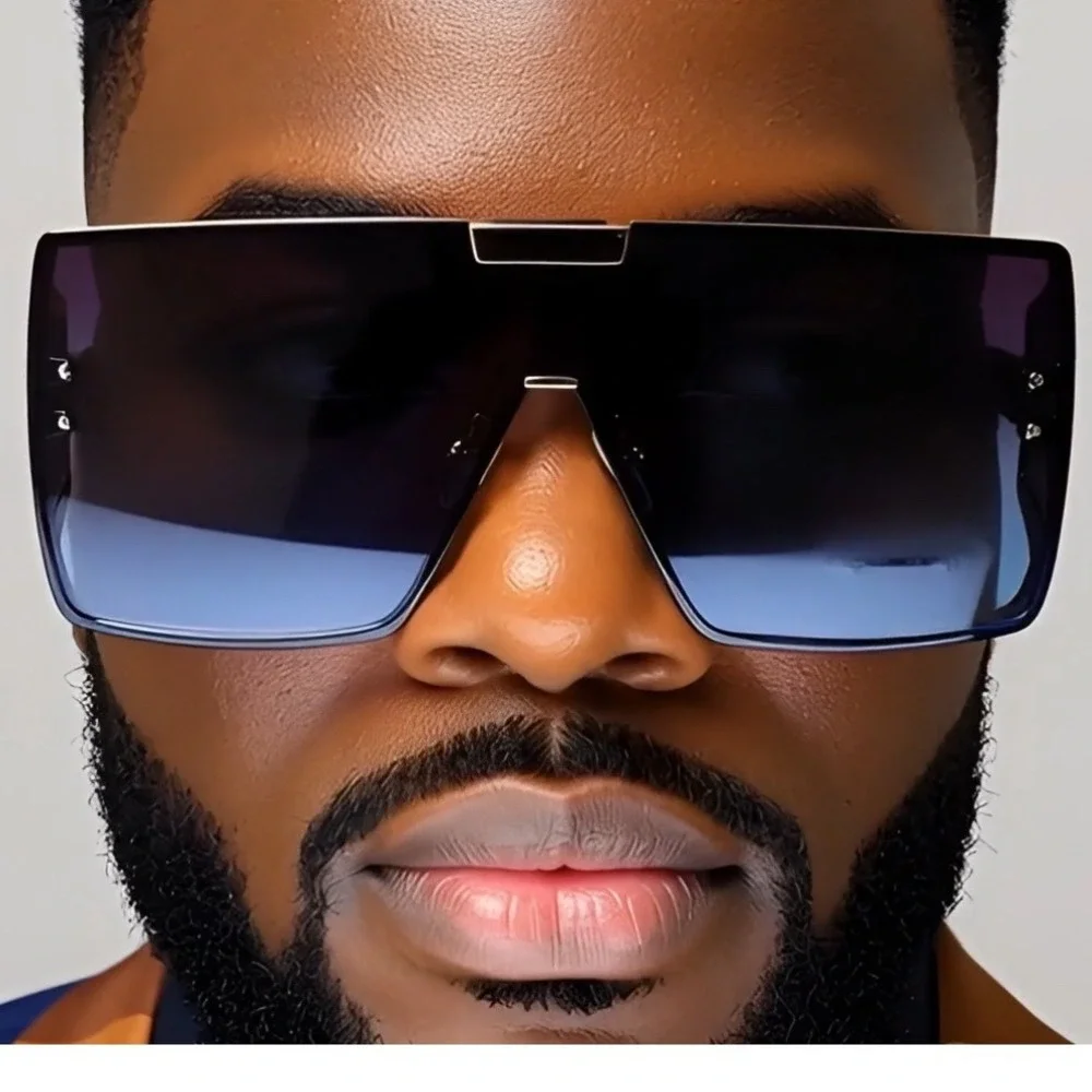 Sunglasses Men Blue Gradient Lens Oversized Rectangular Metal Hip Hop Cholo 2026